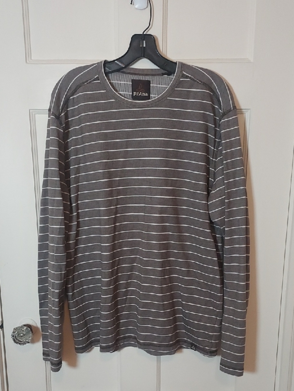 PrAna Men's Keller Long Sleeve Crew Heathered Brown & White Rugy Stripe Size XL